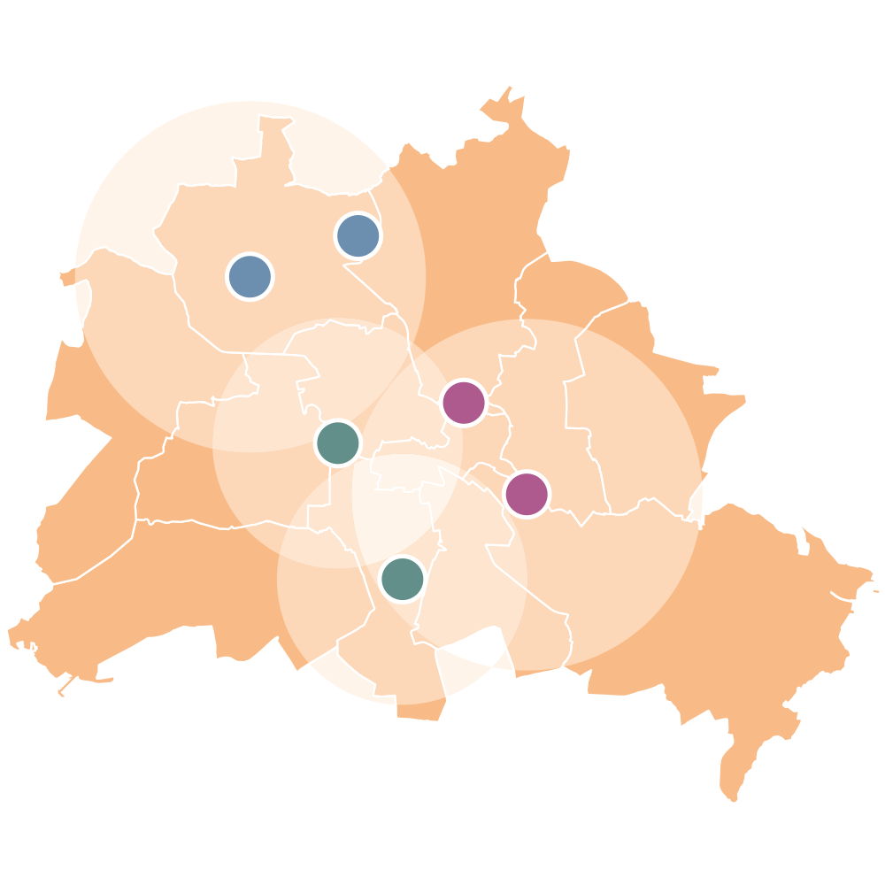 Schematische Berlinkarte mit den Standorten der Hospizdienste des KPG